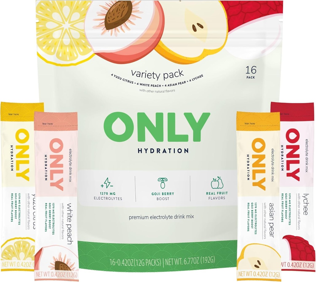 Variety Pack 1270 mg Electrolyte Powder - 3g sladkor - Monk sadno sladilo - brez umetnih arom - Superfood Goji Berry - Vitamini C, B6, B12 - On-The-Go Pack - 1 pakiranje (16 paketov)