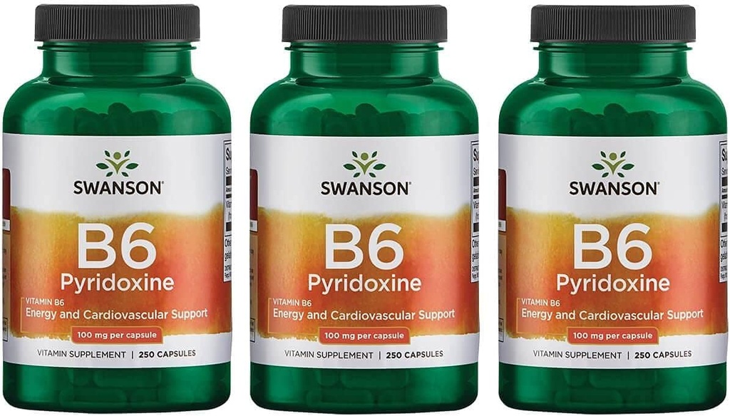 Swanson B6 Pyridoxin - vitamin dopolnilo spodbujanje kardiovaskularnega zdravja in energije Presnova - naravna formula spodbujanje splošno Wellness - (250 kapsul, 100mg vsak) 3 pakiranje