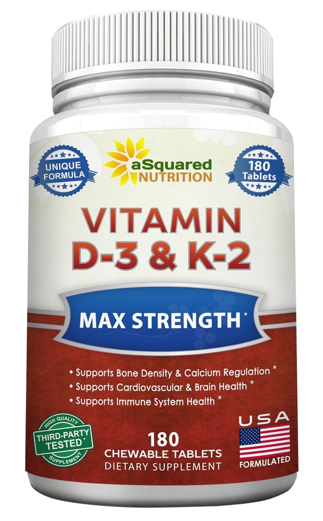 aSquared Nutrition Vitamin D3 s K2 dodatek-180 Žvečljive tablete, Max Jakost D-3 Holekalciferol & K-2 MK7 za podporo zdrave kosti, zob, srce -Antioksidant D3 & K2 MK-7 Energija Formula Odrasli