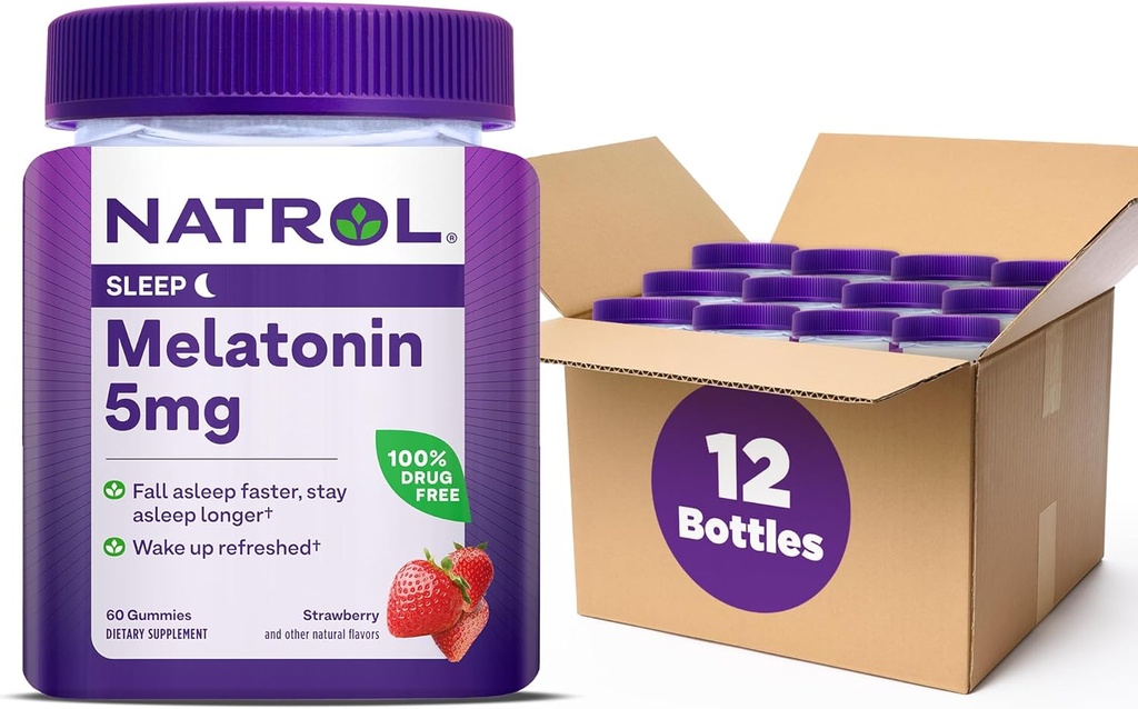 Natrol 5mg Melatonin Gumies, podpora za spanje za odrasle, Melatonin dopolnila za spanje, 60 Jagode-slavne Gumies, 30 dnevna dobava (Pack of 12)