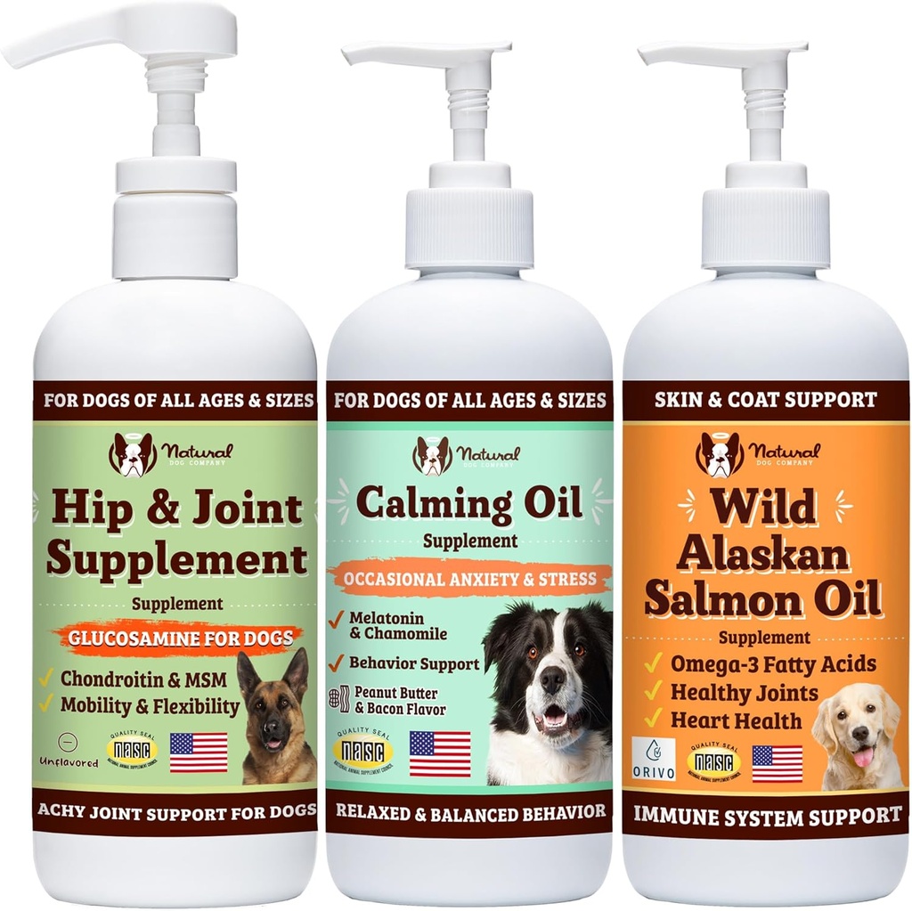 Družba Natural Dog Company Wellness Bunde Food Oil Toppers Vključno (1) Salmonovo olje iz divje Aljaske, (1) Tekoči glukozamin, (1) Umirjanje olje
