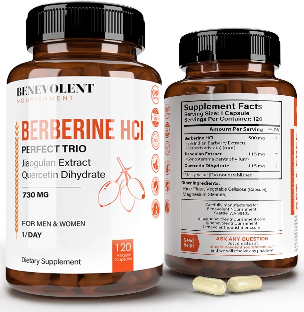 Premium Berberine HCL 730mg - 120 VCAPS Perfect Trio Complex z Non-GMO Jiaogulan & Quercetin