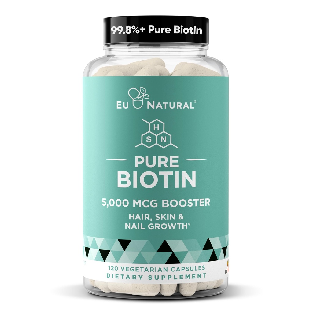 Biotin 5000 μg Kožni nohti Dopolnilo – Visoka stopnja rasti las Vitamini za ženske in moške – Zagotovite močno podporo za zdrave lase, močnejših nohtov in svetleče kože – 120 Veganske mehke kapsule