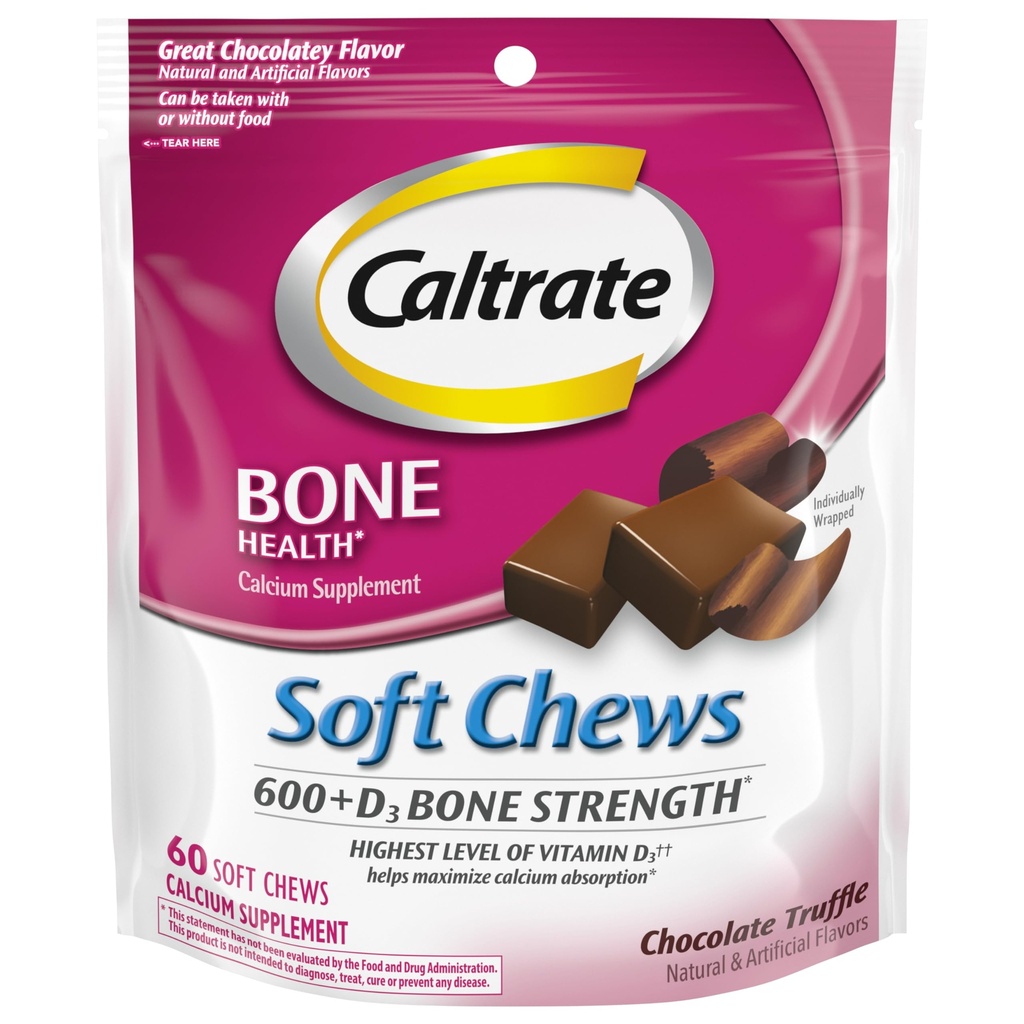 Caltrate Soft Chews 600 Plus D3 Kalcijev vitamin D dodatek, čokoladni Tuffle - 60 Število (Packaging May Vary)