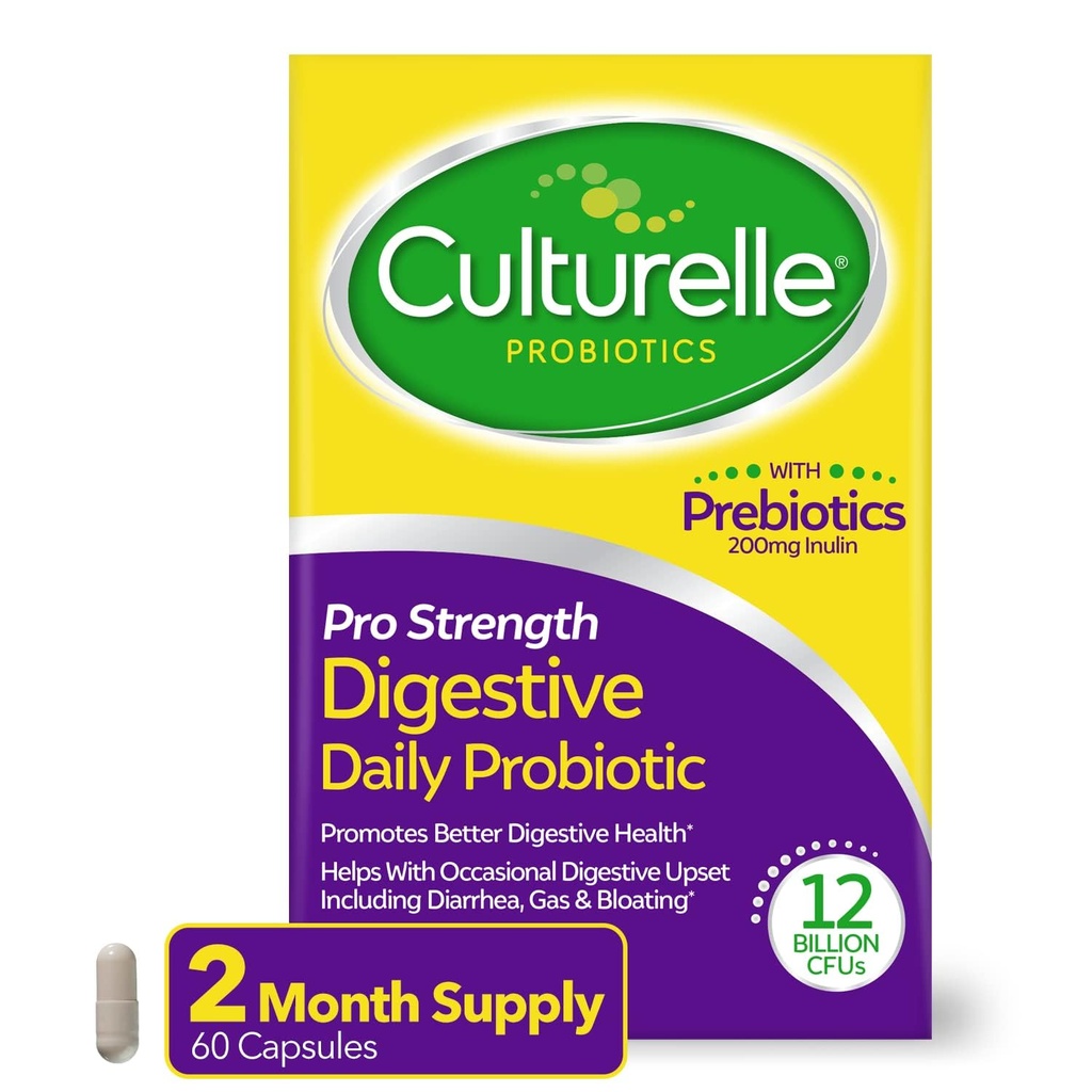 Culturelle Pro Strength Daily Probiotics for Digestive Health (2 mesec oskrbe) s prebiotiki za ženske in moške, podpira občasno drisko, plin & napenjanje, Gluten & Soy Free, 60 Count