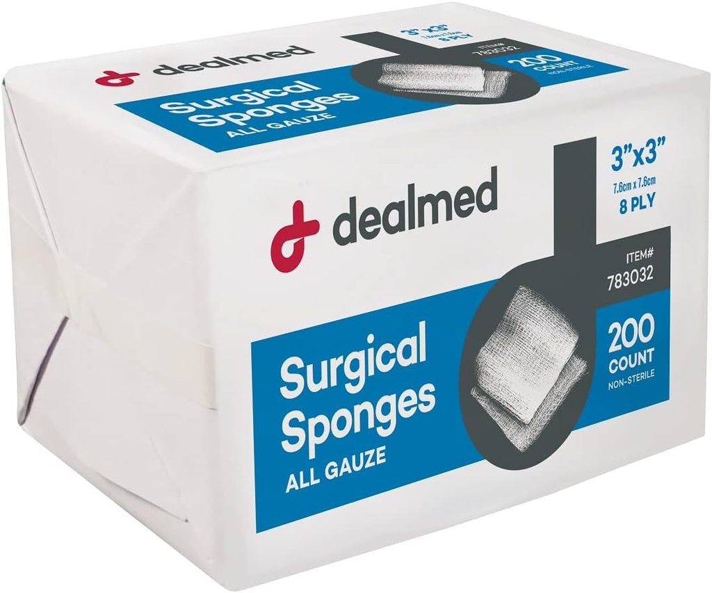 Deli 3" x 3" Kirurške gobice, 8-Ply, Non-Woven Absorbent Gaze Sponges za nego ran, kompleti za prvo pomoč in medicinske naprave, 200 Število (Pack od 1)