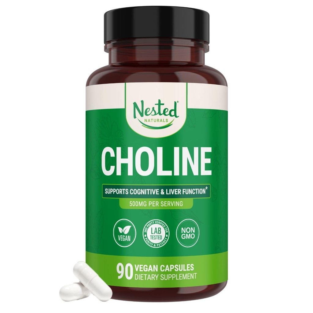 Nested Naturals Choline Bitartrate 500mg - Visoka moč Choline dodatki - Podpira kognitivne zmogljivosti in funkcije jeter - 100% Vegan & Non-GMO Choline - 90 Veganske kapsule