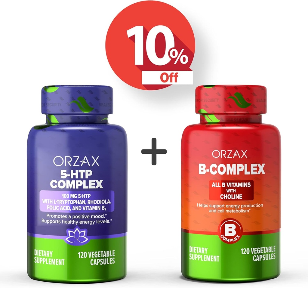 ORZAX 5 HTP kompleks 100 Mg 120 Vegabilne kapsule in vitamin B kompleks, B vitamini z holinom in inozitol 120 kapsule, paket