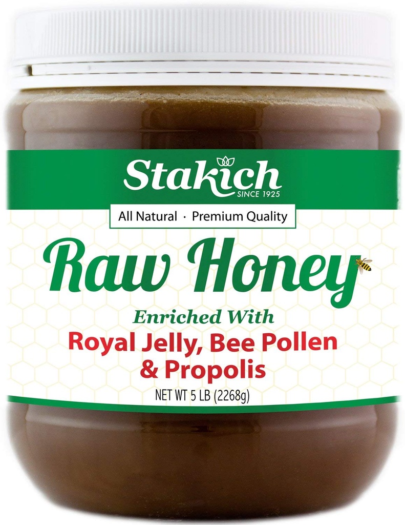 Stakich Royal Jelly, Bee Pollen, Propolis Obogaten surovi med - čist, neobdelan, neogrevan - 5 Pound (80 Ounce)
