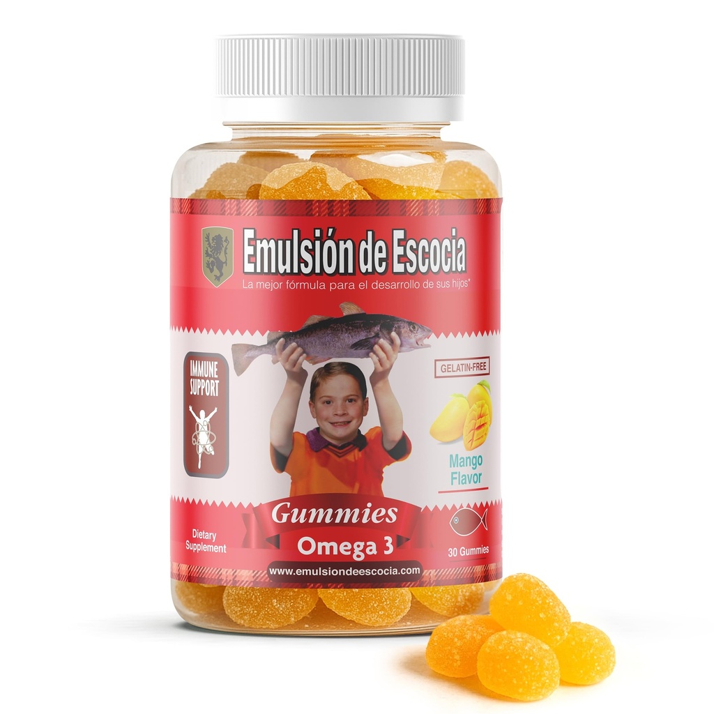 Emulsión de Escocia Omega 3 Gumiji za otroke – z vitamini A, D3, Folna kislina + cink, železo & kalcij – Mango Flavor brez ribjega pookusa – Imuno & Jetra Podpora – 30 Gumies 