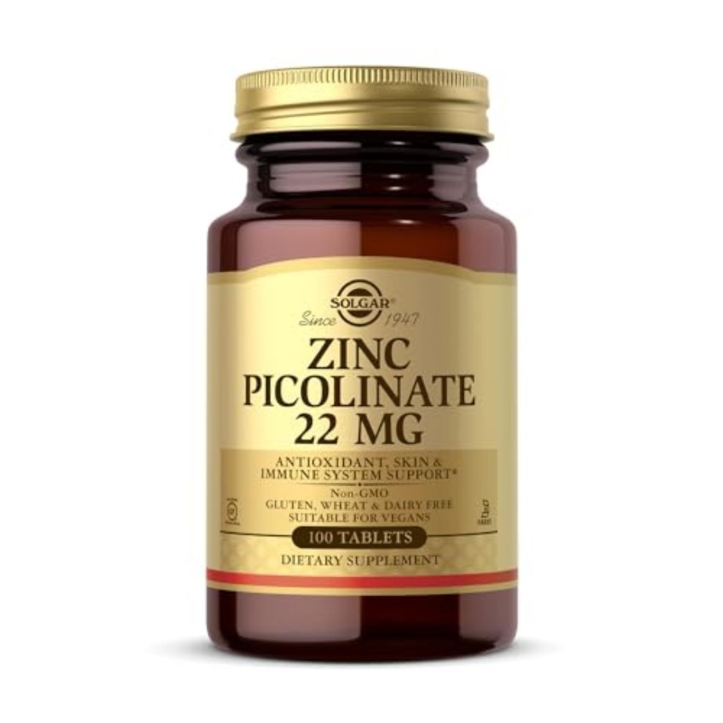 Solgarjev cinkov pikolinat 22 mg, 100 tablet – spodbuja zdravo kožo – podpira imunski sistem, normalni okus in vid – antioksidant – ne-GMO, Vegan, Gluten Free, Kosher - 100 postrežbe