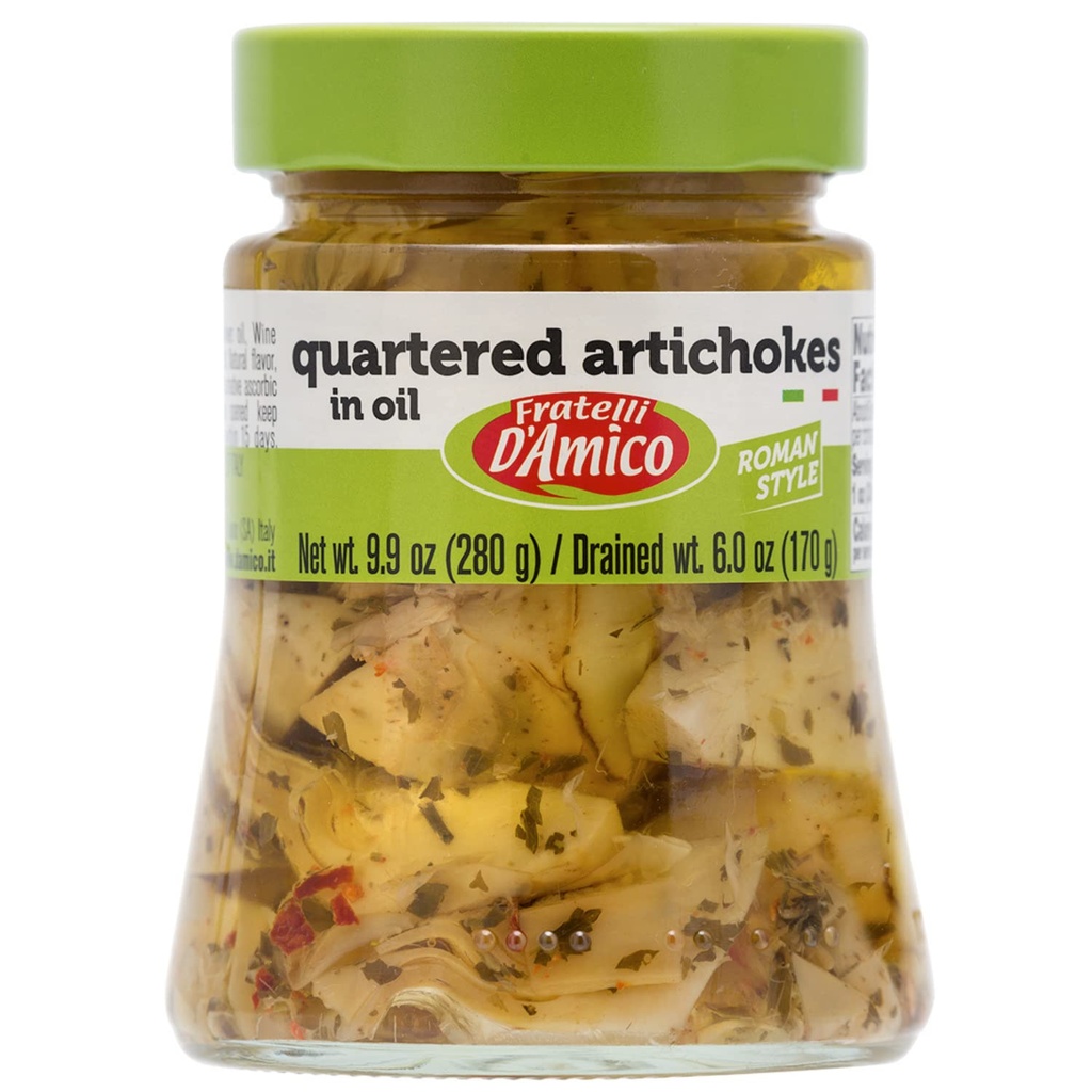 FRATELLI D'AMICO - Quartered Artichokes In Oil "Roman Style", Premium kakovost, Chef Izbor, 9.9 oz (280 g), Antipasto, Začinjeno, Carciofi, Izdelek Italije