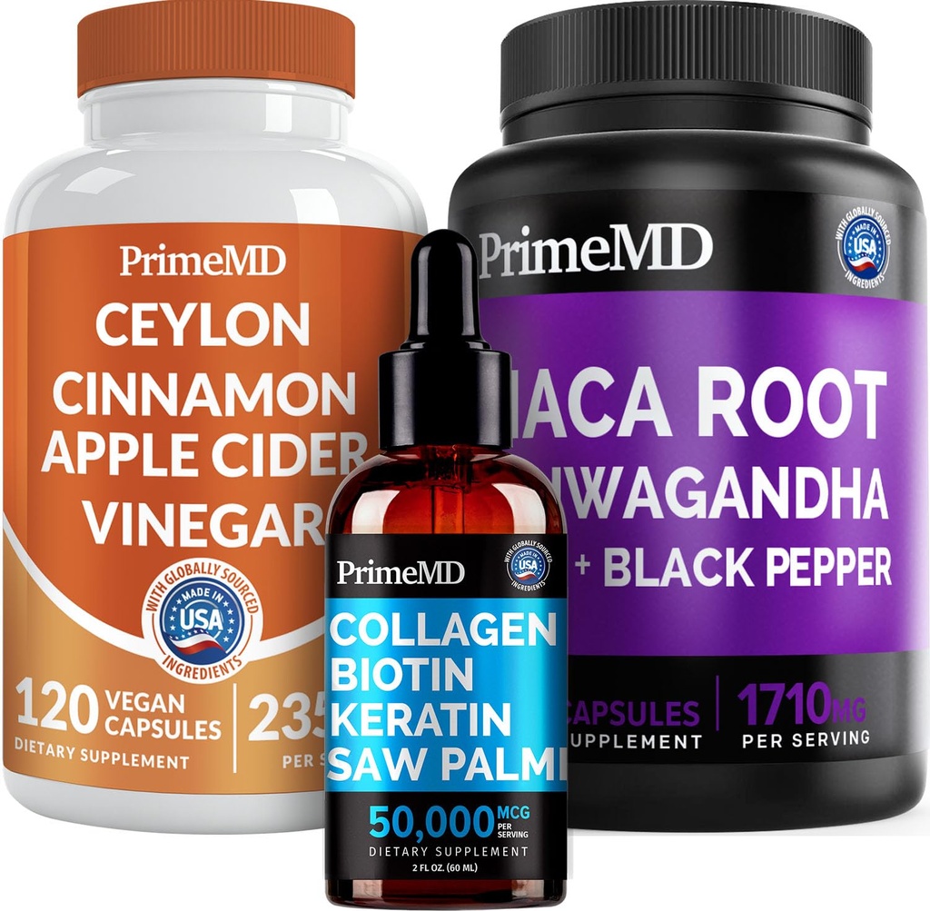 5-v-1 Ceylon Cinamon (120ct), 4-v-1 Biotin Collagen Keratin Saw Palmetto (2 fl oz - 1 Pack) & 6-v-1 Maca Root Ashwagandha (120ct) Bundle - Energija, Mood, Hair, Skin & Imunska podpora