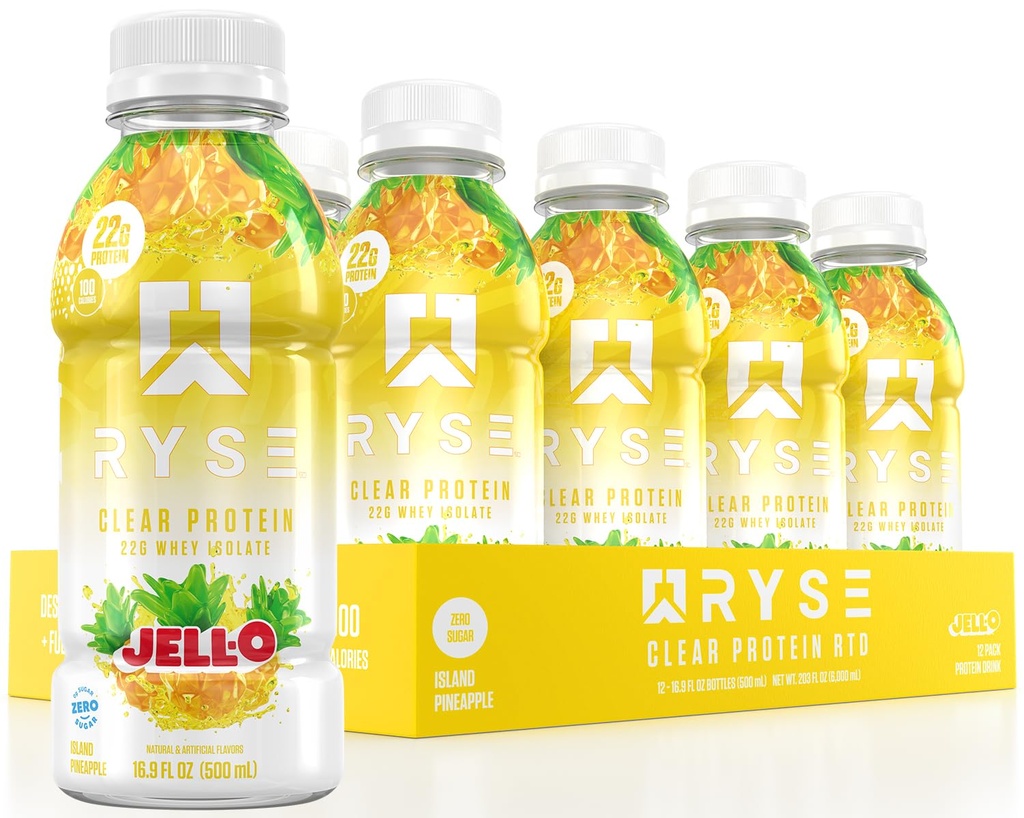 RYSE Clear Protein Drink - žele otok Ananas - 100 kalorij, 22g sirotkinega izolata Protein Shake, Sugar-free, 0g Maščoba in laktoza-free - Osvežitev Pijača - 16,9 fl oz steklenice (12-Pack)