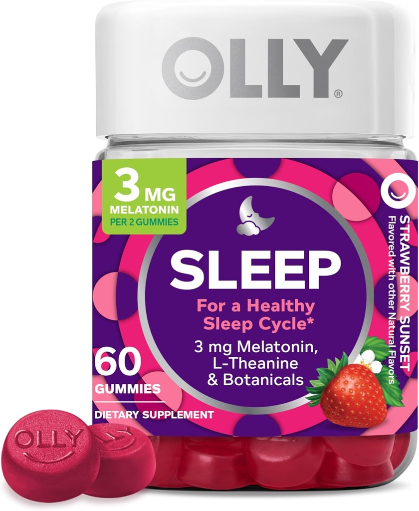 OLY Sleep Gummy, 3 mg Melatonin, L-Theanine, Kamilica, Lemon Balm, Pomoč za spanje, Jagoda, 60 Število