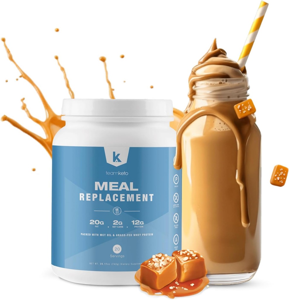 TeamKeto Meal zamenjava v prahu Gluten brezplačno Vsebuje MCT v prahu, kokosovo olje, travnato hranjene sirotkine beljakovine v prahu in 100% naravne arome za Boost Ketosis- Nizke ogljikove hidrate in energijo Boost- 742g- Slana karamela