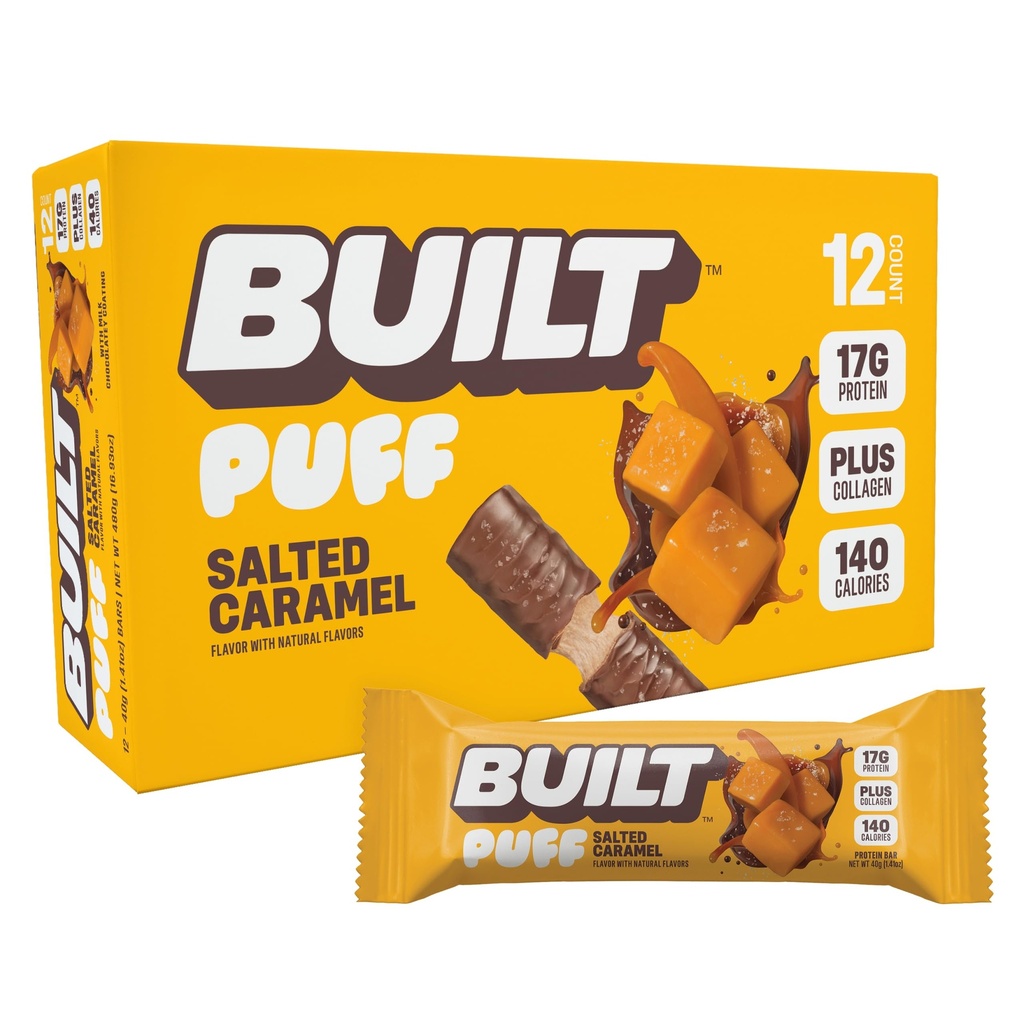 Zgrajena bar, Puff Protein Bars, soljeni karamelni puff, 17g proteinski prigrizki, on-the-Go Bars, samo 140 kalorij, 6g sladkor, kolagen, gluten brez, 12 Število