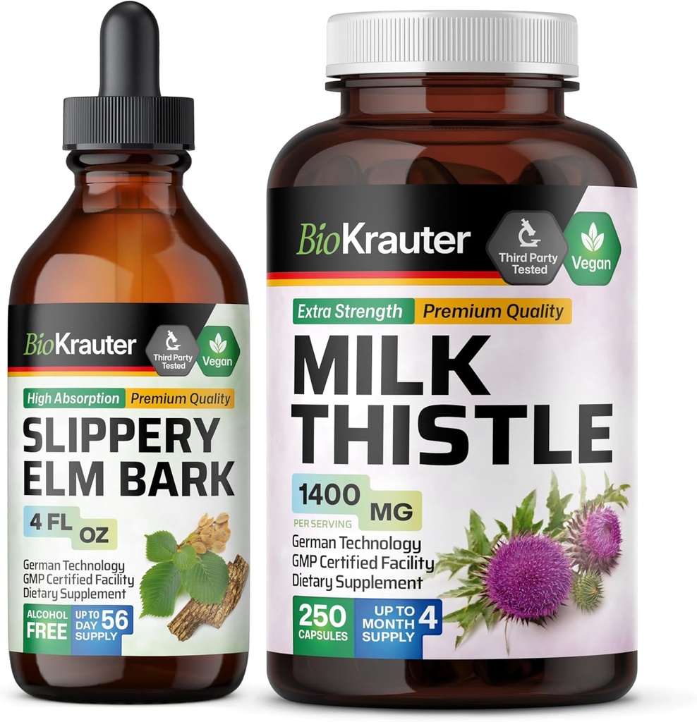 BIO KRAUTER Slippery Elm Tinkture 4 Fl. Oz. & Milk Thistle 250 kapsul