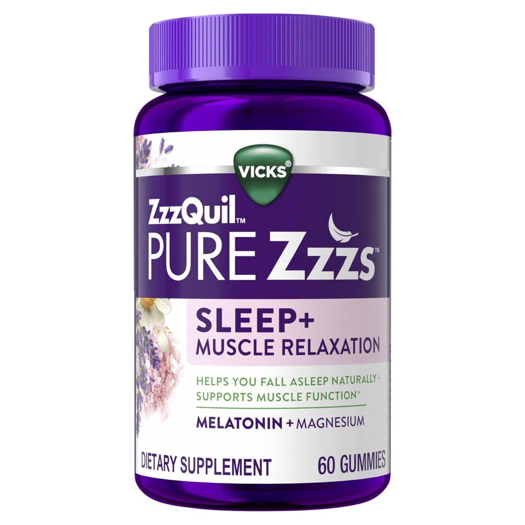 ZzzQuil Pure Zzzs Muscle Relaxation Melatonin Pomoč za spanje Gumies, Podpira delovanje mišic, pomaga, da zaspite naravno, hitro, melatonin + magnezij, Ne Naslednji dan Grogginess, brez drog, 60ct