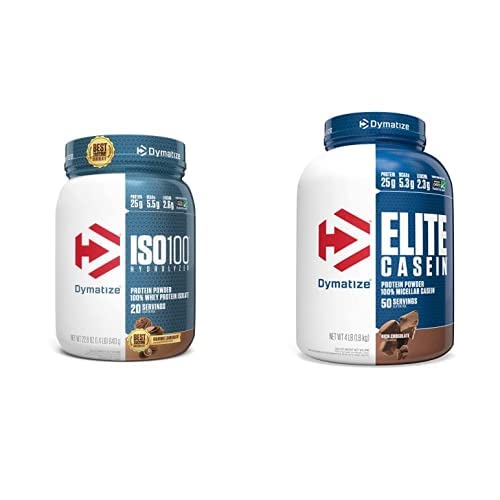 Dymatize ISO100 Hidrolizirane beljakovine v prahu, 25 g 100% sirotkinih izolatov, gurmanska čokolada, 20 serverjev Elite Casein Protein Powder, 100% Micellar Kazein, bogata čokolada, 4 funti