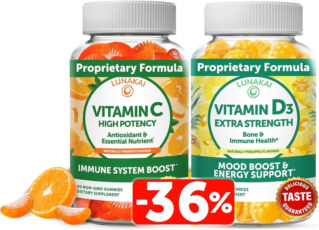 Lunakai Vitamin C in vitamin D3 Gummies Bundle - 300mg Organski, ne-GMO, Veganski žvečljivi Gummy - Imuniteta, kosti in razpoloženje podpora dodatek za odrasle