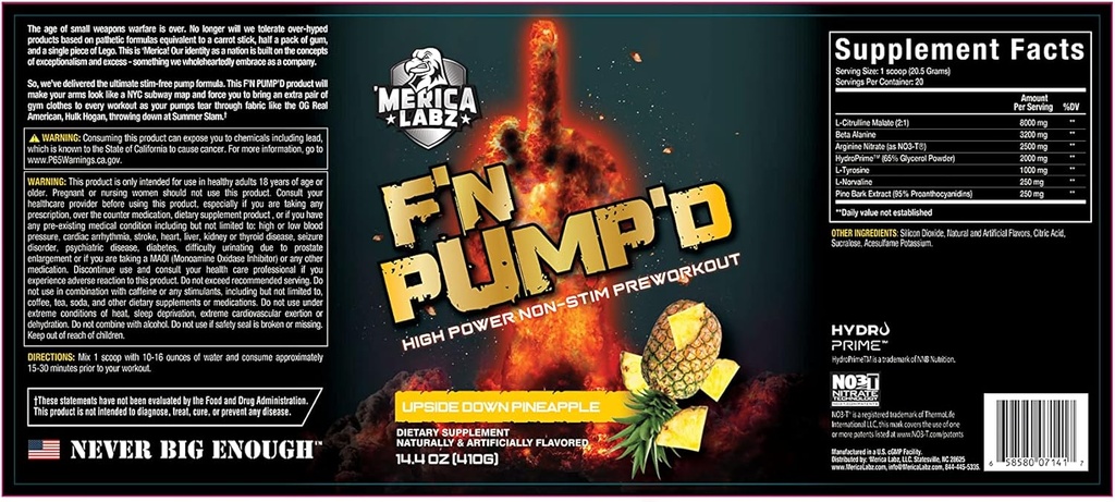 'Merica Labz F'N Pump'D brez stimulanta, dušikov oksid, odmeren, pump predworkout prašek (20 serving) (zgoraj navzdol Ananas)