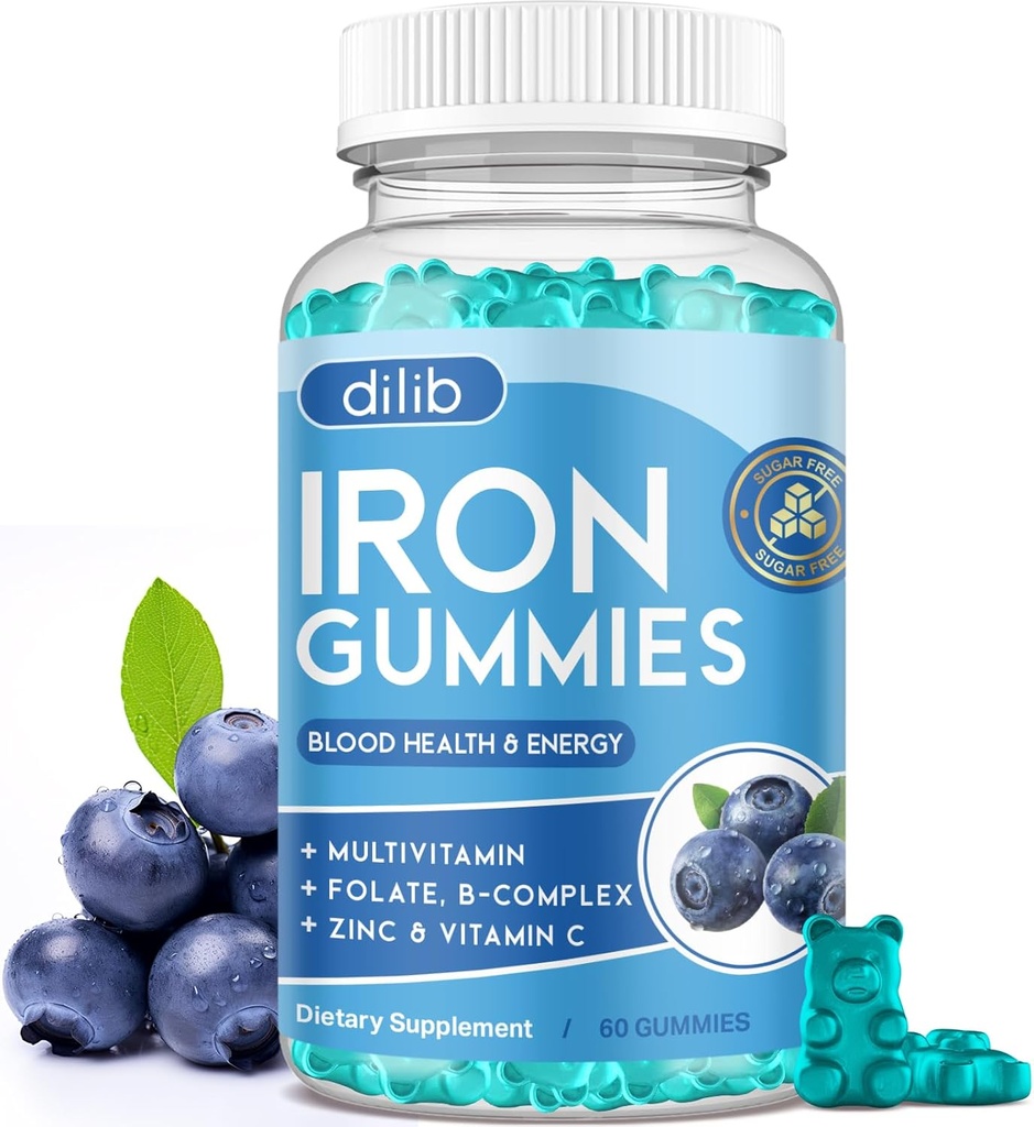 Iron Gummies z multivitaminom, Železni dodatek za ženske in moške z cinkom, Vitamin B Complex & C, B12, Folat - Blood Builder & Energy Support za odrasle in otroke - borovničeve arome, Vegan 60 Gummies