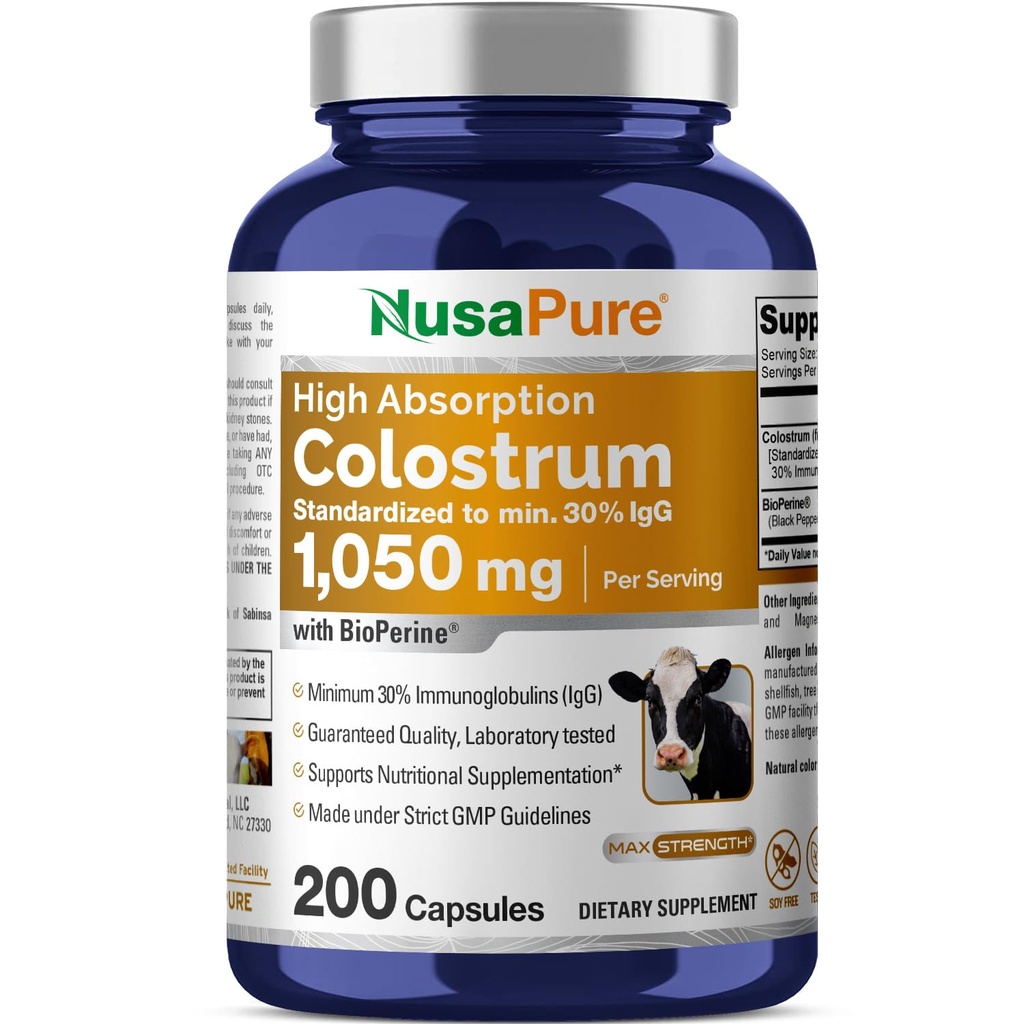 NusaPure Colostrum 1050mg 30% IgG 200 kapsul (ne-GMO, brez soje) Bioperine
