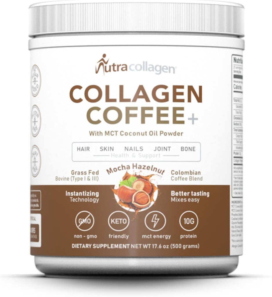 NUTRACOLLAGEN Peptide Powder with Premium Columbian Coffee; Grass-Fed; Keto prijazno, MCT Kokosovo olje v prahu, brez soje, brez glutena, brez sladkorja, 40mg kofeina/SVG; Mocha Hazelnut 25 Servisi