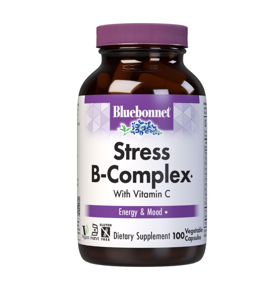 Bluebonnet Nutrition Stres Relief B Complex Zelenjavne kapsule, vitamin B6, B12, Biotin, Folat, Vegan, Gluten & Soy & Mleko brezplačno, Košir, Nearomatizirana, 100 Število