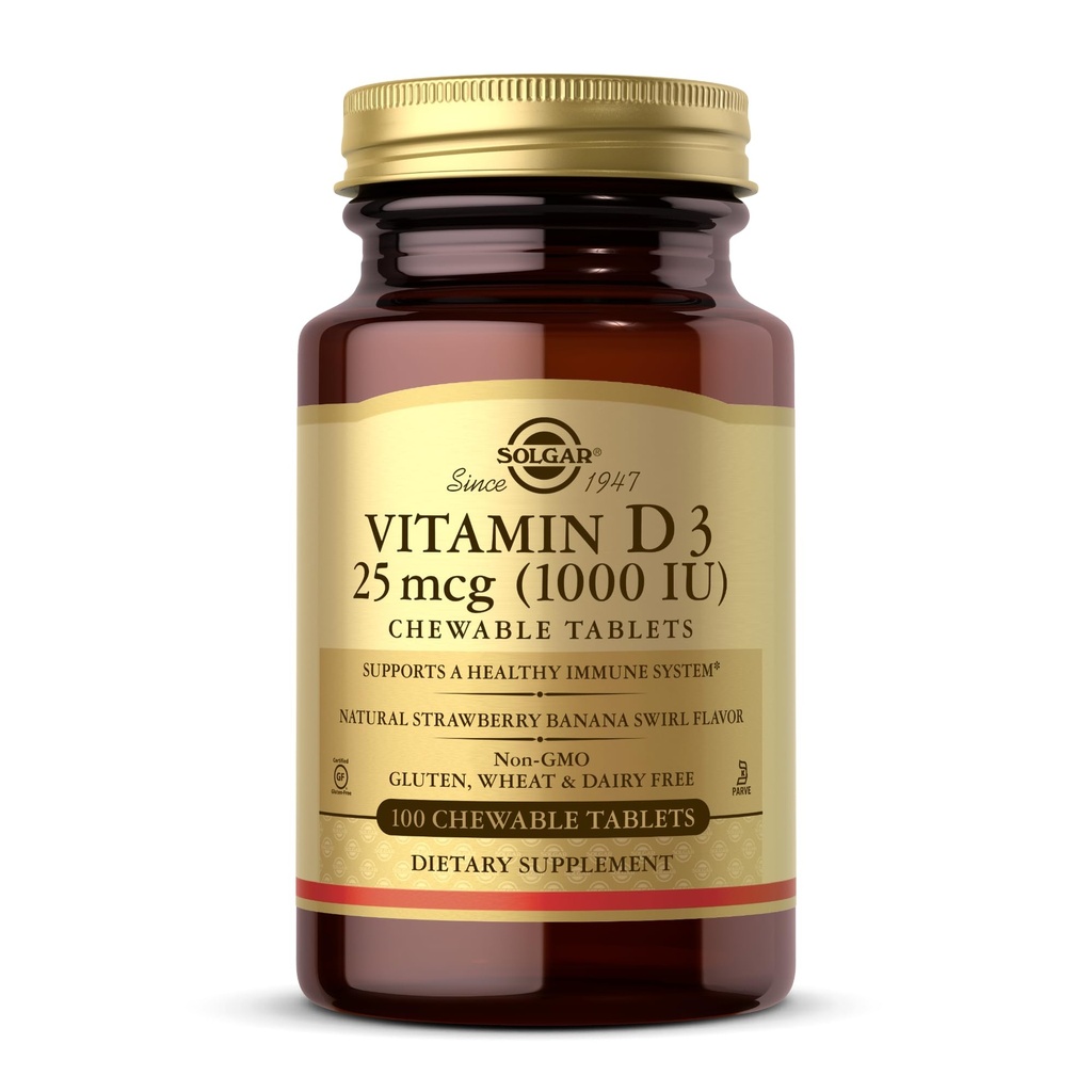Solgar Vitamin D3 (Cholekalciferol) 25 μg (1000 i.e.), naravna jagodna banana Vrtinec - 100 žvečljivih tablet - Ne-GMO, Kosher - 100 Serving