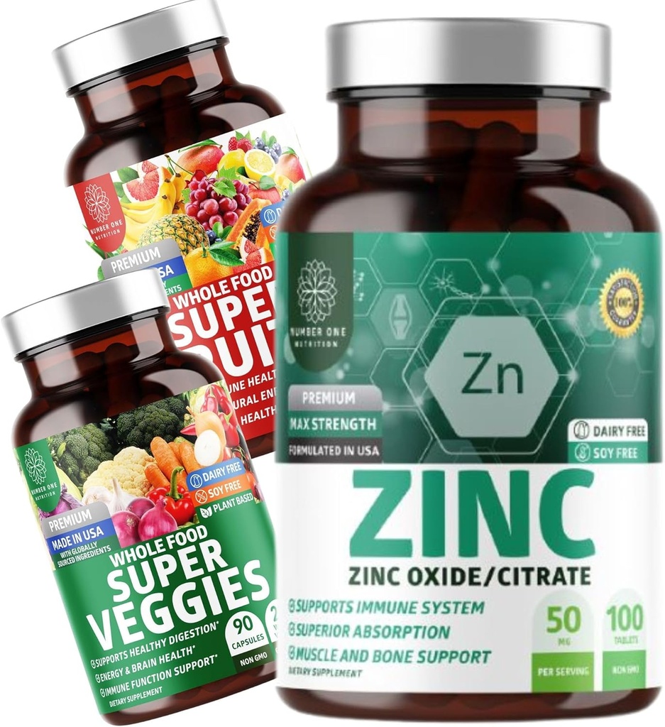 Številka One Nutrition N1N Premium Super sadje in zelenjava dodatek [40 Cela živila, Aloe Vera, Vitamini] in cink 50mg [3X Absorpcija], 2 paket paket