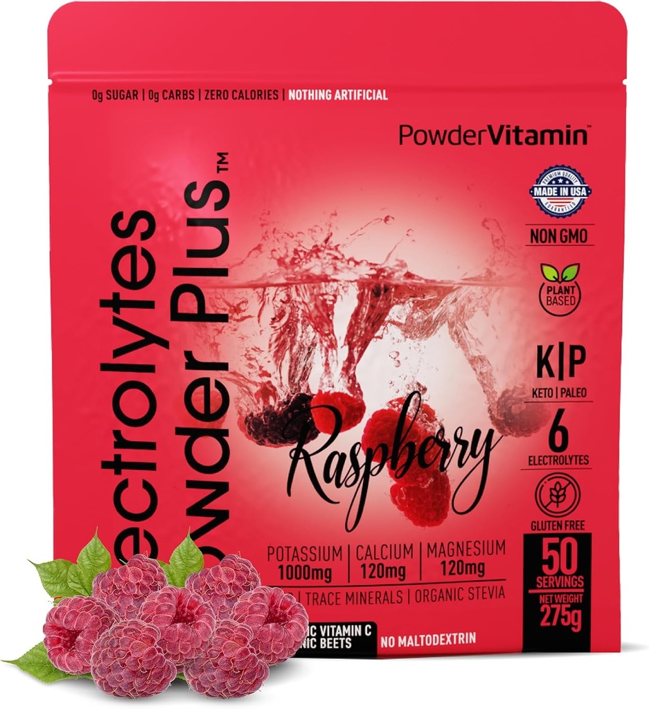 PrašekVitamin Elektroliti Powder Plus (50 Serving) Raspberry Elektrolit Powder Zero Calorie Keto, 0 Sladkor, Brez maltodekstrin,1000mg Kalij,120mg Kalcij,120mg Magnezij, Hidracija Prašek