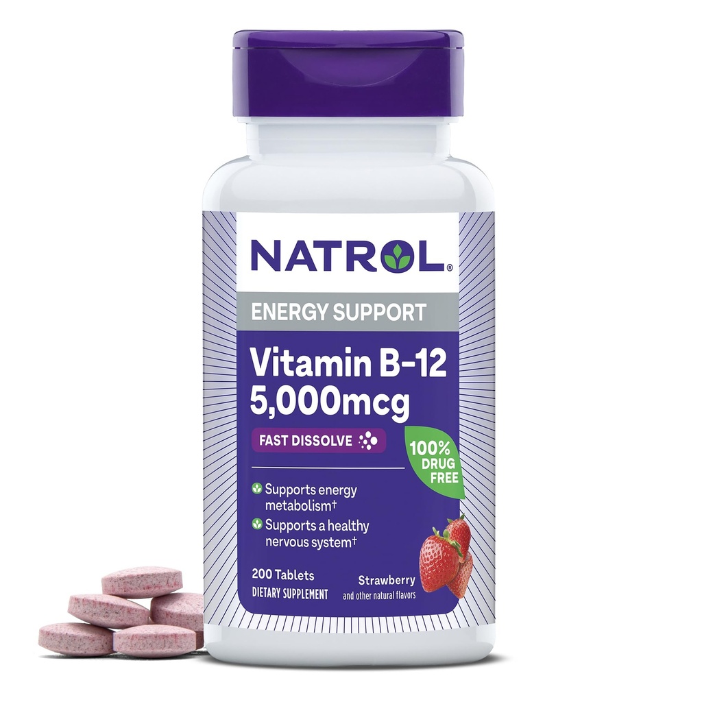 Natrol Vitamin B12 5.000 mcg, hitro raztopi vitamin B12 dodatek podpira zdravo živčevje in energetsko presnovo, 200 tablet, do 200 dnevno oskrbo