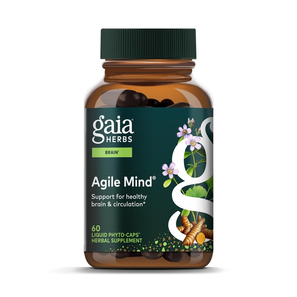 Gaia Herbs Agile Mind - Brain & Kognitivna podpora Zeliščni dodatki - z organsko kurjo korenino, Bacopa, Črna paprika, in Ginkgo Biloba - 60 Vegan tekoče Phyto-Capsules (30-dnevno oskrbo)