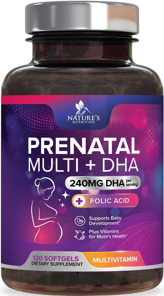 Prednatalni vitamini s folno kislino & DHA, fetalni razvoj možganov s Folate & Omega 3's, Prenatalni multivitamin za ženske, vitamin A, C, D, B6, B12 & železo, dodatek za nosečnost - 120 Softgels