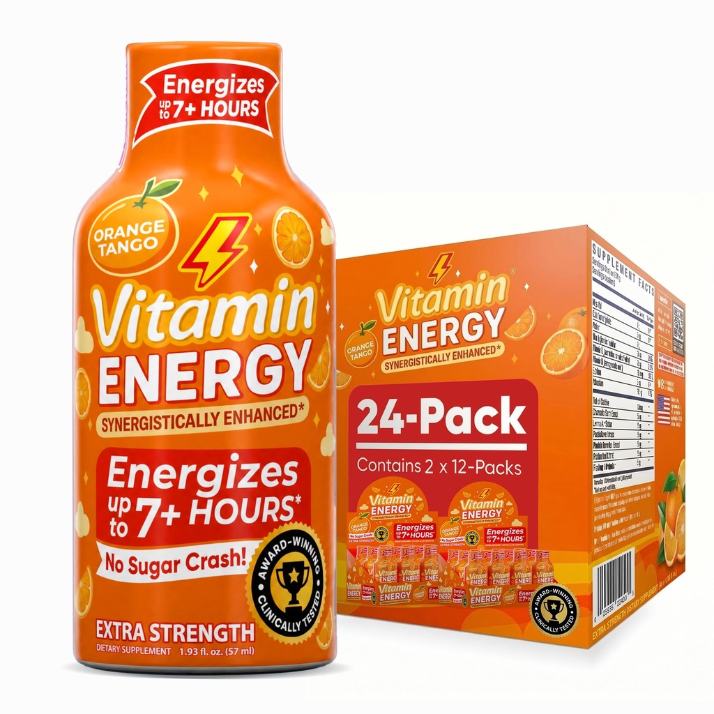 Vitamin Energy Immune+ Ekstra moč Energija Shot Orange Burst 24 Pack, 260mg Naravni kofein, B-vitamini, Citicoline, Zeleni čaj, Immuniteta in fokus podpora, Nič sladkorja, Gluten-free 1,93 fl oz
