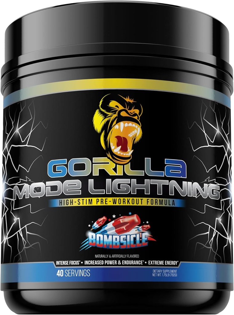 Gorilla Mode Lightning Pre-World - Extreme Energy · Laser Focus · Močne črpalke · Vrhunska zmogljivost - 550mg kofeina, 13500mg L-tirozina, alfa-GPC-792g (bombaž)
