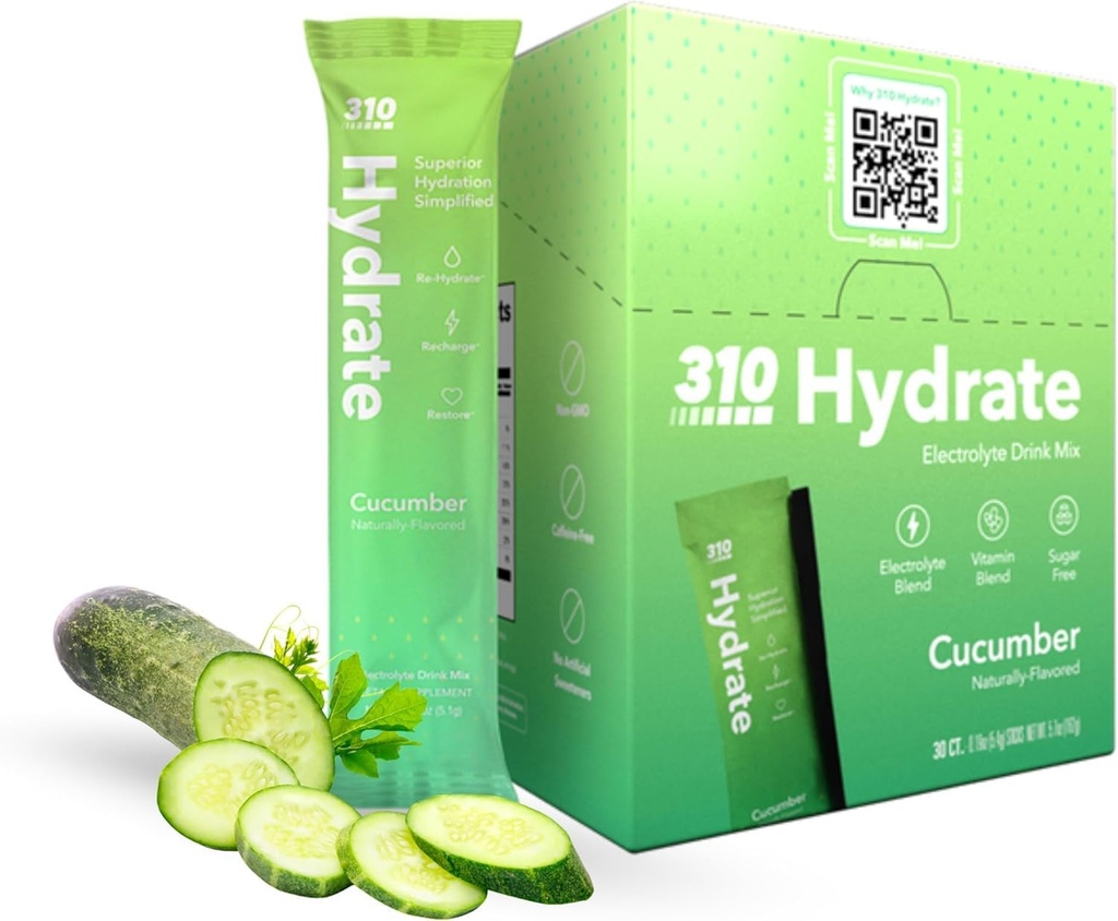 310 Nutrition Sladkor Brez elektrolitov v prahu - Instant Hydration Packets za dnevno ravnovesje tekočine - Kofein-free Rehidracija Drink Mix w/ Vitamini, Nizka Calorie & Keto prijazno - Cucumber 30 Samski