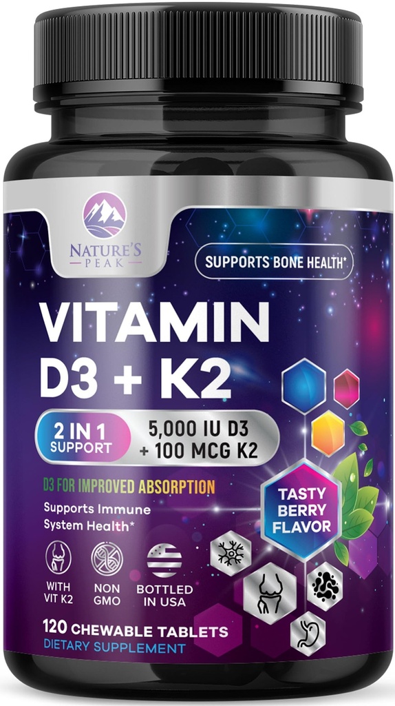 Vitamin D3 K2 - 5000 iu Vitamin D3 & 100 μg Vitamin K2 (MK-7) Kompleks za imuno podporo - Kost, Zobje in mišice Podpora - Berry Žvečljiva, Gluten Free, Non-GMO, Ustekleničen v ZDA - 120 tablet