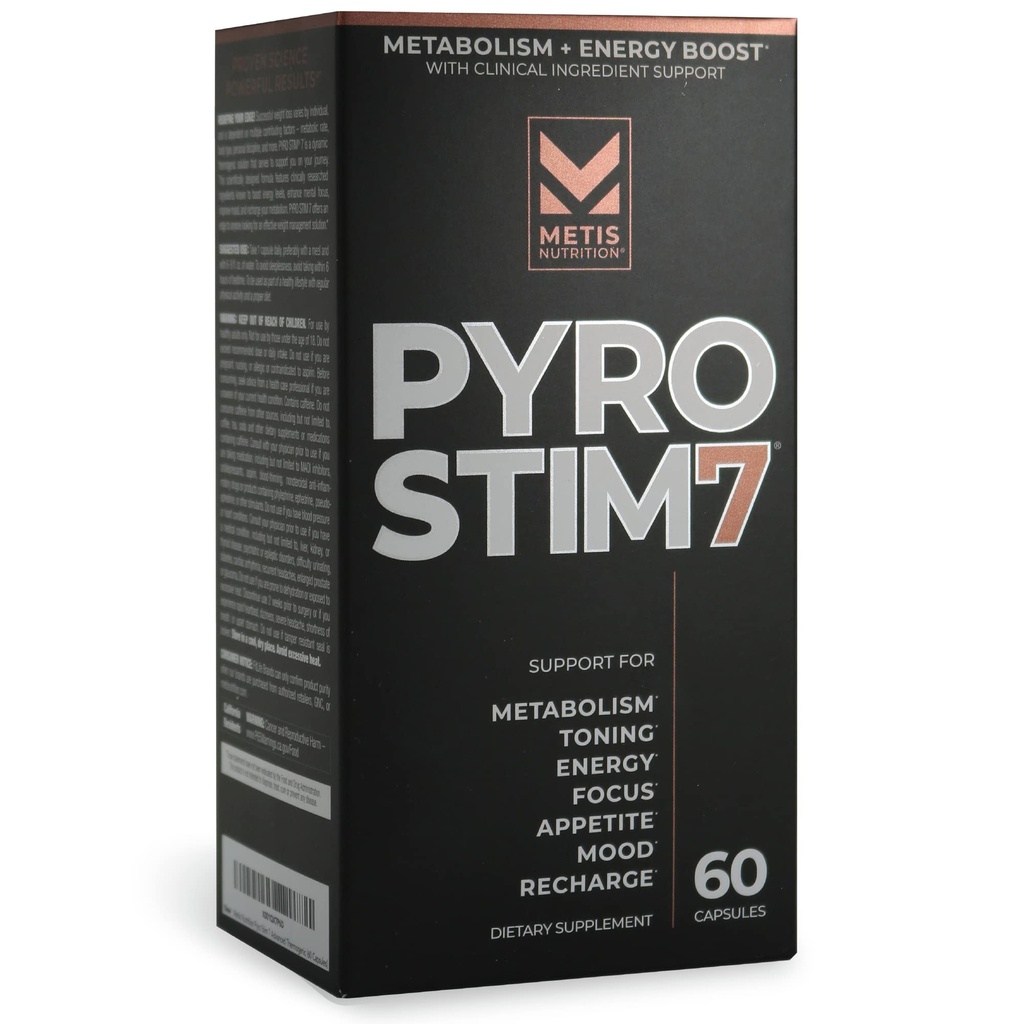 Pyro Stim 7 Presnova Pospeševalec izgube maščob Podpora Energija Boost - Enkrat na dan termogena s Teakrine za fokus, Apetite Control, Muscle Toning in Mood Control (60 kapsul)