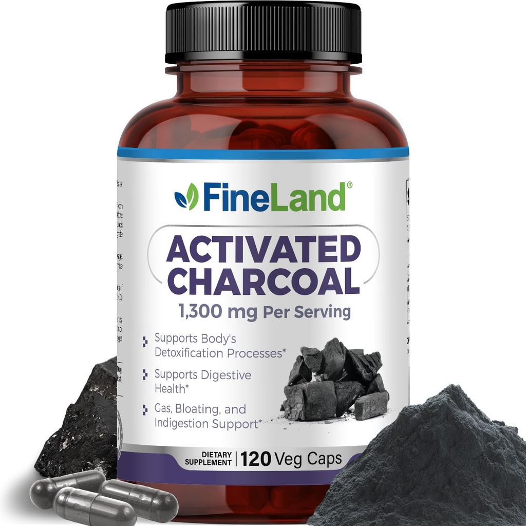 FineLand Aktiviran Charcoal 1300mg - Napredno Prebavna detox čiščenje, pomaga s plinom in napenjanjem, kroženje in holesteroal podpora - Made in USA, 120 Veganske tablete