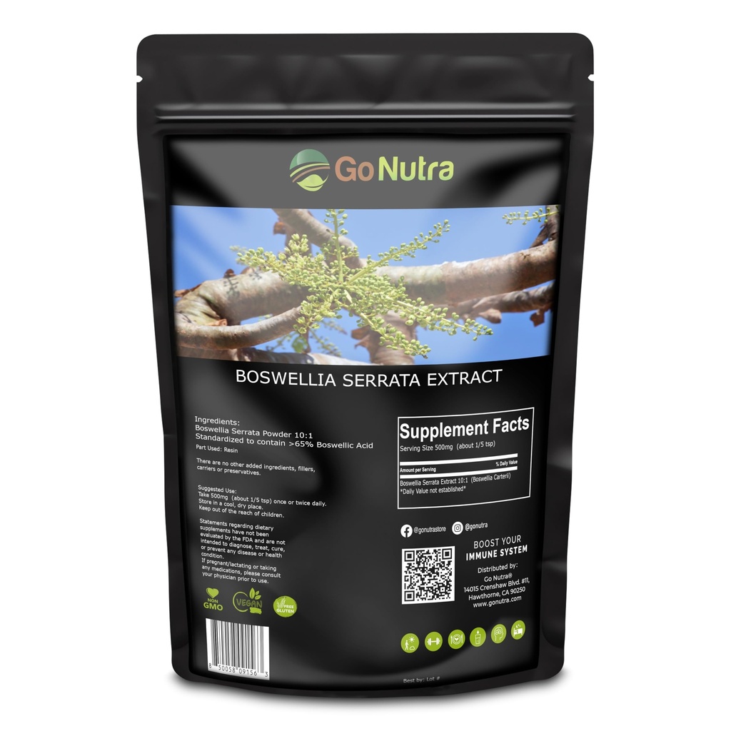 Go Nutra Boswellia Serrata Extract Prašek 10:1 Jakost 65% boswellinska kislina Frankincense dodatek skupni podpora - 8 oz.