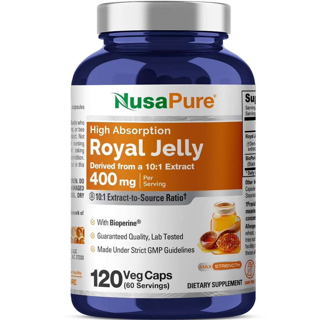 NusaPure Royal Jelly 10:1 Extract, 400 mg ekvivalentno 4000 mg - 120 Veggie Kapsule (Ne-GMO, Gluten Free, Bioperine)