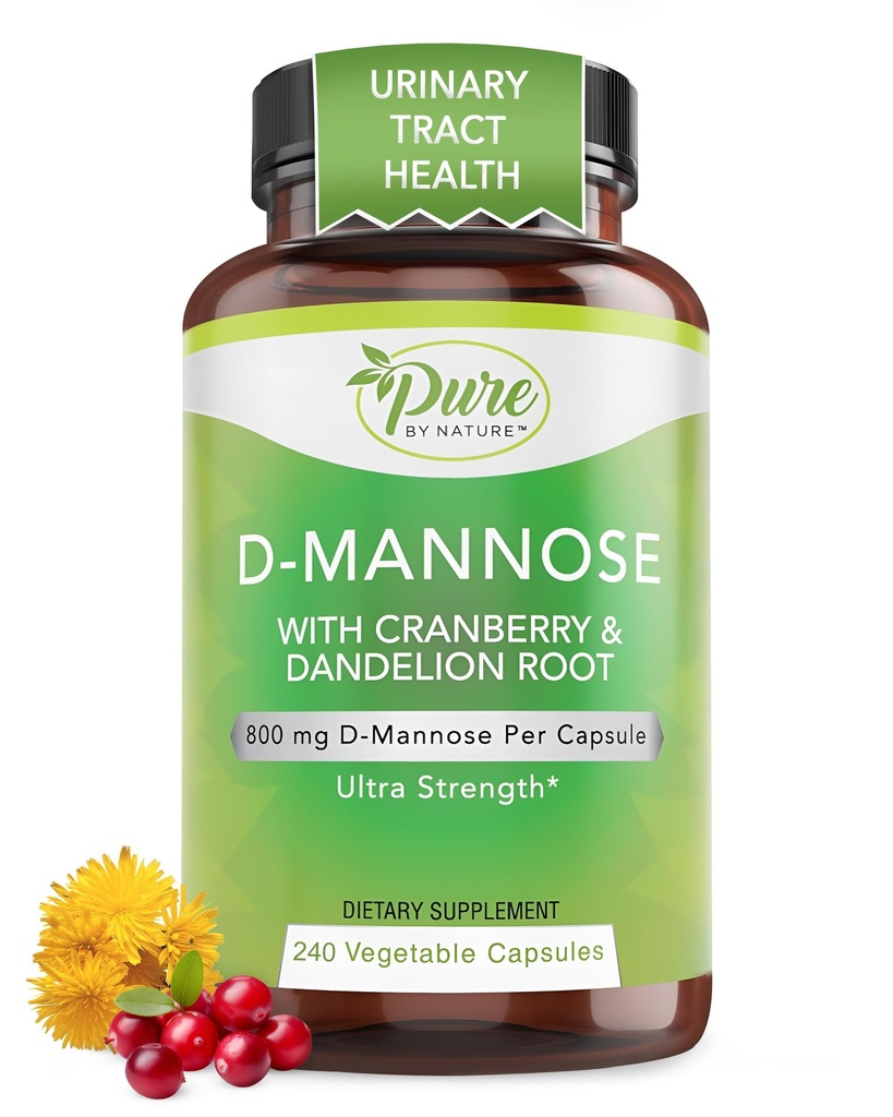 Pure by Nature 600mg D-mannose Veganske kapsule z izvlečkom brusnice in Dandelion, Sečnina Tract Health Support, Flush Nečistost, Detox telo, 240 Število