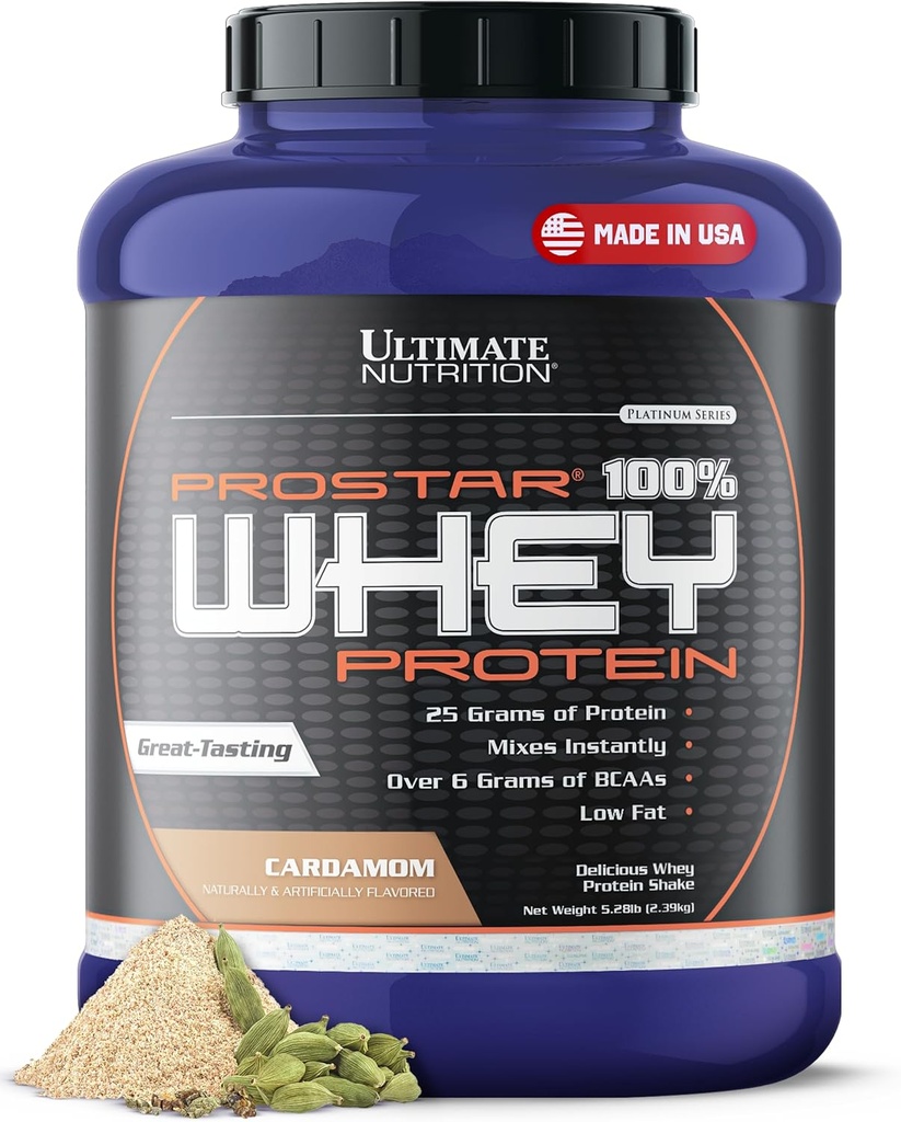 Ultimate Nutrition Prostar Whey Protein Powder Isolate, Cardamon - Low Carb, High Protein Powder Shake for Muscle Gain & Recovery - Nizko natrij, nizko naftni in keto prijazen - 5,28 lbs Tub