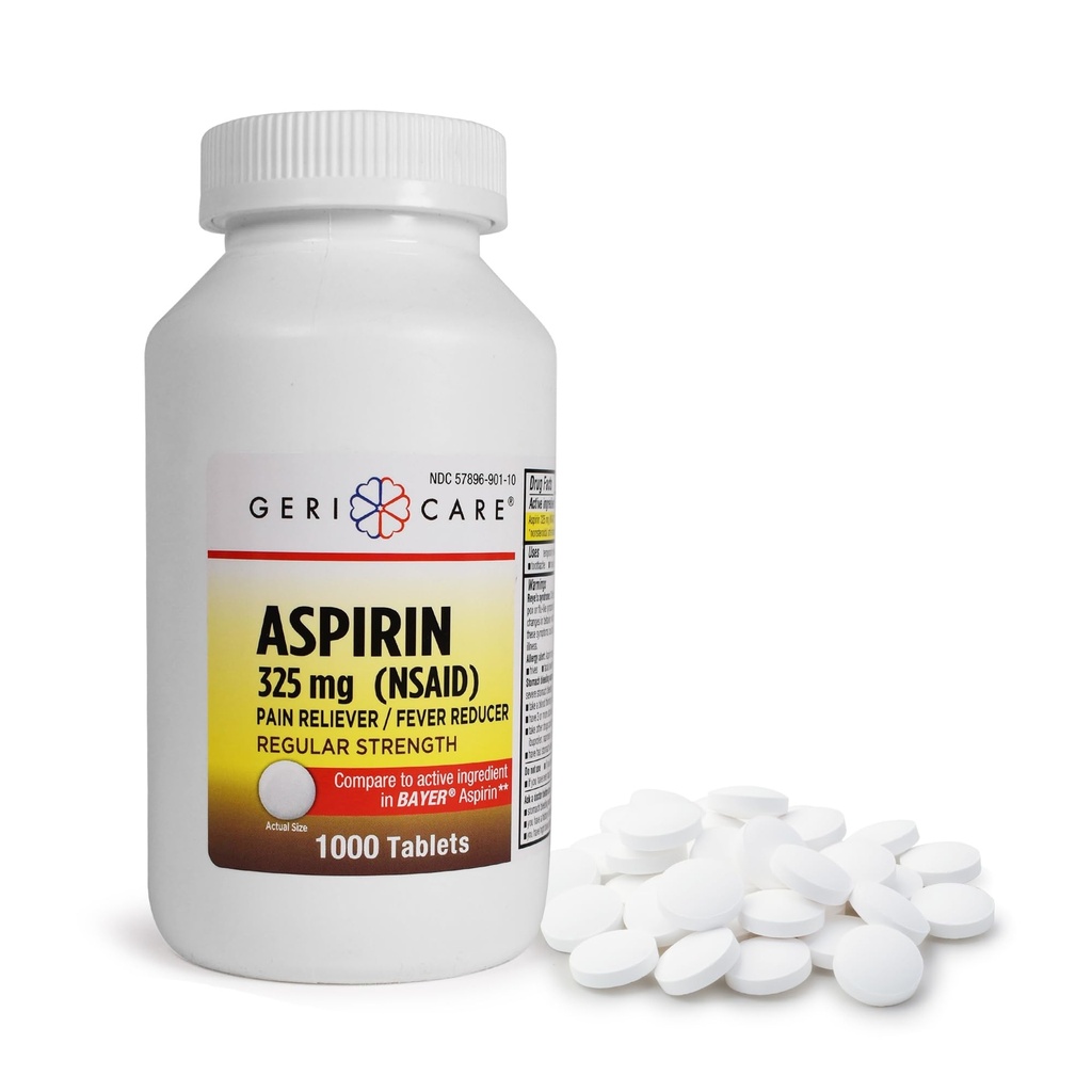 Zdravilo GeriCare Aspirin tablete 325 mg - Reliever bolečine in reduktor zvišane telesne temperature Nepremazani aspirini za odrasle in otroke 12+ (NSAID) Odlično za glavobol, zobobol, artritis, menstrualne in mišične bolečine (steklenica 1.000)