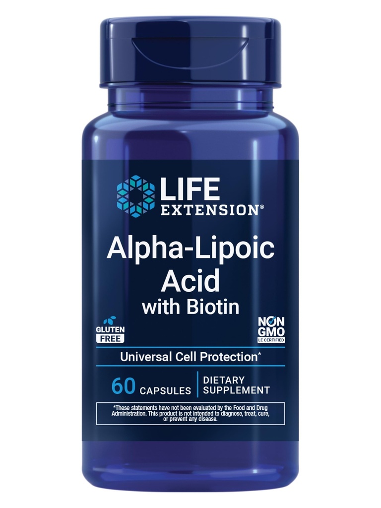 Life Extension Alpha-Lipojska kislina z biotinom, za zaščito celic, univerzalni antioksidant za zdravje jeter in živcev, brez glutena, ne-GMO, 60 kapsul