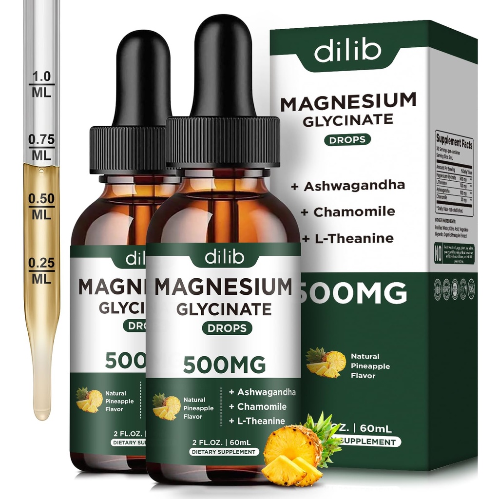 (2 paket) Magnezij Glycinate dodatek, Magnezij tekoče kapljice z magnezijem Glicinate 500mg Ashwagandha, L - Theanin, Kamilica -Podpora Optimal Calm Sleep Vegan