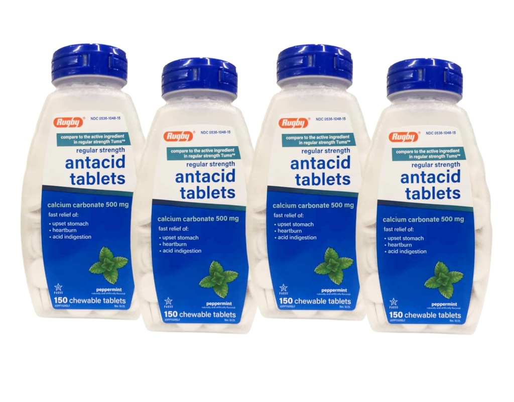 Rugby kalcijev karbonat 500 mg antacidne tablete pepermint, redna Strengh, 150 žvečljive tablete - 4 pakiranja